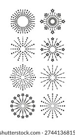 Linear sparkle explosion. Burst stars, sparks and salute. Firework icon set. Outline birthday party elements isolated on white background. Happy new year shiny symbol. Vector illustration.