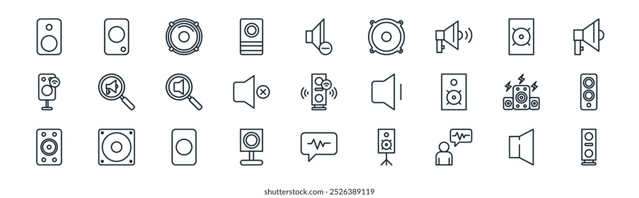 linear speaker icon pack. vector thin line speaker, speaker, no sound, icons suitable for apps and websites ui designs