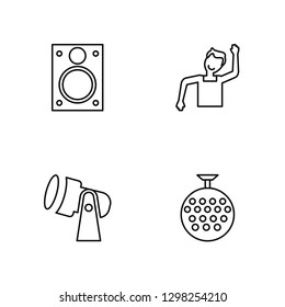 Linear Speakers, Spotlight, Dancer, Disco ball Vector Illustration Of 4 outline Icons. Editable Pack Of Speakers, Spotlight, Dancer, Disco ball