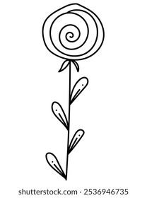 Linear spiral flower in doodle style, outline plant with fantasy bloom for design vector illustration