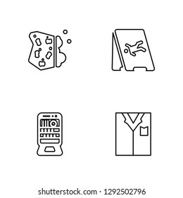 Linear Sponge, Dishwasher, Wet floor, Clothes Vector Illustration Of 4 outline Icons. Editable Pack Of Sponge, Dishwasher, Wet floor, Clothes
