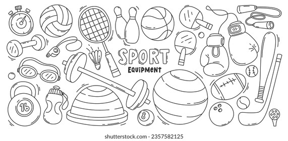 Linear sport equipment, team game tool, fitness activity instrument, cardio or powerlifting training and boxing accessories isolated set on white. Sportive hobby outline icon vector illustration