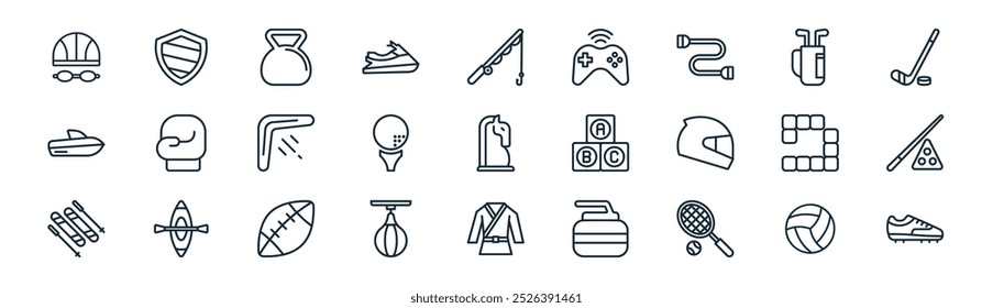 vôlei de linha fina vetor, escudo, kettlebell, saco de golfe, golfe, bilhar, judô, chuteiras ícones adequados para apps e sites projetos de iu