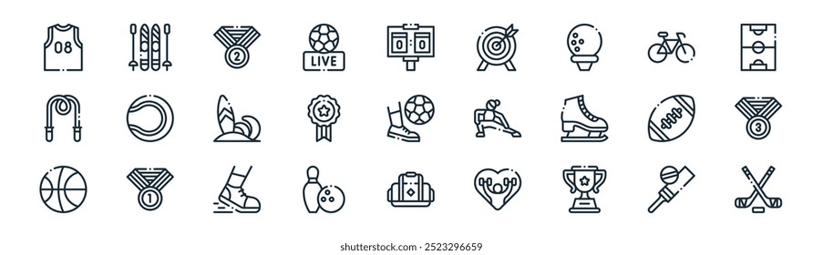 linear sports icon pack. vector thin line cricket, ski, award, bicycle, medal, award, sports bag, ice hockey icons suitable for apps and websites ui designs