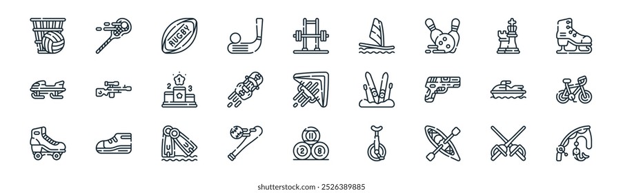 vetor de linha fina esgrima, lacrosse, rúgbi, xadrez, carro de corrida, bicicleta, bilhar, ícones de vara de pesca adequados para aplicativos e sites projetos de iu