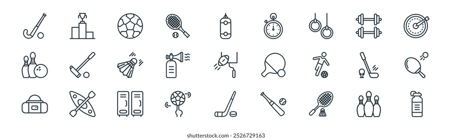 linear sports icon pack. vector thin line bowling, winner, football, gym, horn,  , ice hockey, water bottle icons suitable for apps and websites ui designs