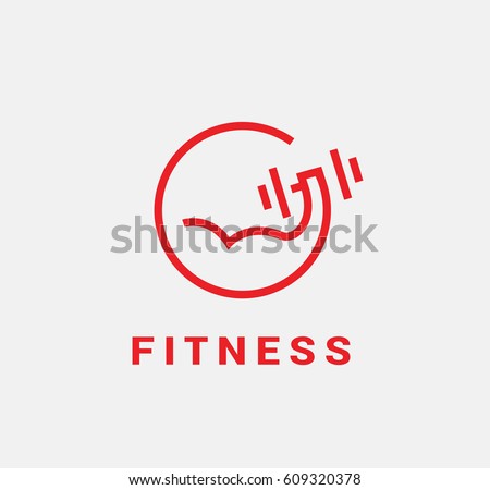 Linear sports vector logo. Arm lifts a dumbbell.