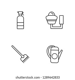 Linear Sprayer, Rake, Lamp, Watering can Vector Illustration Of 4 outline Icons. Editable Pack Of Sprayer, Rake, Lamp, Watering can