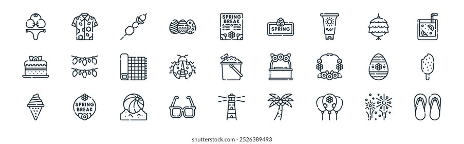 linear spring break icon pack. vector thin line firework, shirt, skewer, piñata, ladybug,  , lighthouse, sandals icons suitable for apps and websites ui designs