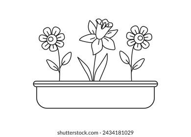 Linear spring flowers in seedling pot. Daisy, narcissus. Spring and summer blossom. Balcony gardening. Coloring page.