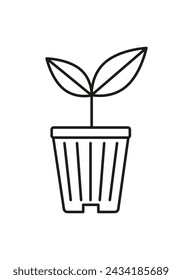 Linear sprout in seedling pot. Botanical sapling. Icon, symbol, sign. Editable stroke. Black and white. Coloring page. 