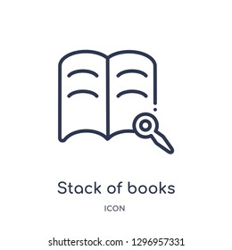 Linear stack of books and magnifier icon from Education outline collection. Thin line stack of books and magnifier icon isolated on white background. stack of books and magnifier trendy illustration