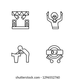 Linear Stage, Vomit, Dancing, DJ Vector Illustration Of 4 outline Icons. Editable Pack Of Stage, Vomit, Dancing, DJ