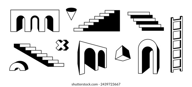Linear stairs and arcs set. Black and white surreal geometric element collection. 3d perspective arch doors, ladders, staircase, gates bundle. Retro shapes for collage, poster, banner. Vector art pack