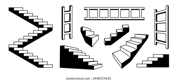 Linear stairs and ladders set. Black white surreal geometric element collection. 3d perspective steps and staircases bundle. Architecture outline shapes for collage, poster, banner. Vector art pack