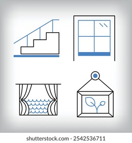 Linear stairs, windows and landscape icon set. Different designs of household materials and appliances.