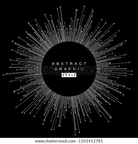 Linear star with multiple rays with round field for text. Abstract vector black and white minimalist background. Template design for event poster, music cover, web and print. Futuristic space texture.