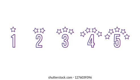 Linear Star rating signs in flat style with numbers. Vector illustration in purple background isolated on white background.