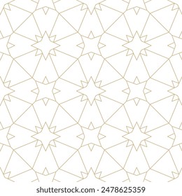 Linear stars mosaic seamless pattern. Golden lines and stars diamond pattern diagonal tiles. Light geometric moroccan tile celestial pattern. Magical white and gold linear stars background.