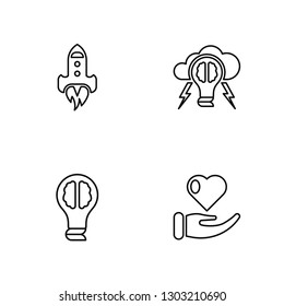 Linear Startup, Idea, Brainstorm, Charity Vector Illustration Of 4 outline Icons. Editable Pack Of Startup, Idea, Brainstorm, Charity