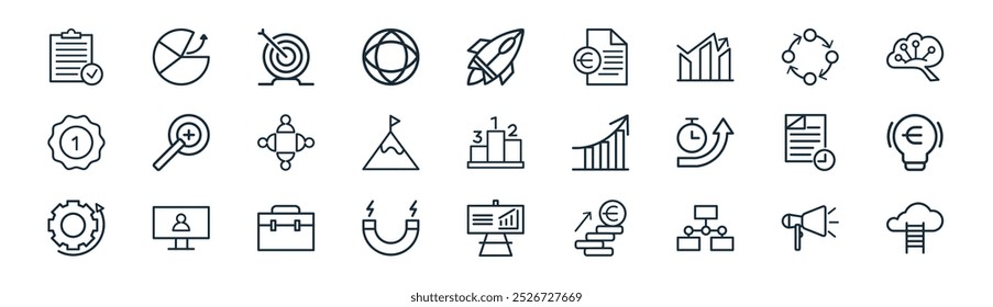 linear startups icon pack. vector thin line announcement, market analysis, target, connect, target, idea, plain, cloud icons suitable for apps and websites ui designs