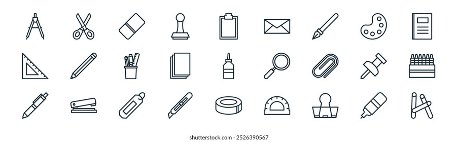 lineares papelaria ícone pack. vetor linha fina caneta de correção, tesoura, borracha, paleta de cores, papel, giz de cera, fita adesiva, ícones de giz adequados para aplicativos e sites projetos de iu