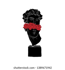 Linear statue David with red roses. Antique sculpture with flowers in abstract modern style. Creative collage. Background for poster, cards, stationery design. Boho style decor. 