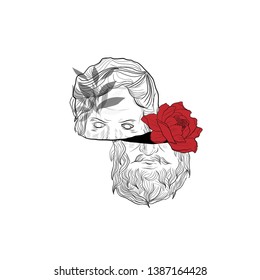 Linear statue god with red rose. Hand-drawn outline sculpture and flower. Creative collage. Background for poster, cards, stationery design. Boho style decor. 