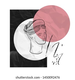 Linear statue goddess. Hand-drawn outline sculpture. Creative collage. Background for social media posts, packaging, textiles, stationery design, poster. 