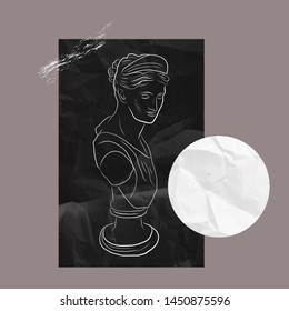 Linear statue goddess. Hand-drawn outline sculpture. Creative collage. Background for social media posts, packaging, textiles, stationery design, poster. 