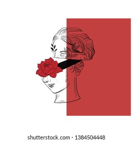 Linear statue goddess with red rose. Hand-drawn outline sculpture and flower. Creative collage. Background for poster, cards, stationery design. Boho style decor. 