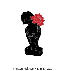 Linear statue goddess with red rose. Hand-drawn outline sculpture and flower. Creative collage. Background for poster, cards, stationery design. Boho style decor. 