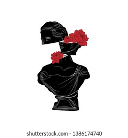 Linear statue goddess with red roses. Hand-drawn outline sculpture and flowers. Creative collage. Background for poster, cards, stationery design. Boho style decor. 