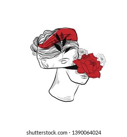 Linear statue goddess with red roses. Hand-drawn outline sculpture and flowers. Creative collage. Background for poster, cards, stationery design. Boho style decor. 