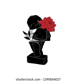 Linear statue goddess with red roses. Hand-drawn outline sculpture and flowers. Creative collage. Background for poster, cards, stationery design. Boho style decor. 