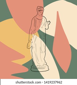Linear statue goddess with shapes and scribbles. Hand-drawn outline sculpture. Creative collage. Background for social media posts, packaging, textiles, stationery design, poster. 