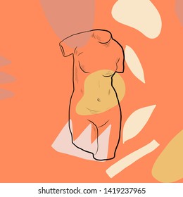 Linear statue goddess with shapes and scribbles. Hand-drawn outline sculpture. Creative collage. Background for social media posts, packaging, textiles, stationery design, poster. 