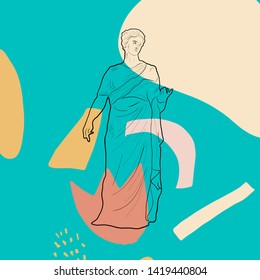 Linear statue goddess with shapes and scribbles. Hand-drawn outline sculpture. Creative collage. Background for social media posts, packaging, textiles, stationery design, poster. 