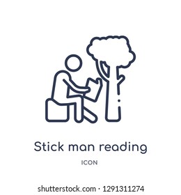 Linear stick man reading icon from Behavior outline collection. Thin line stick man reading vector isolated on white background.
