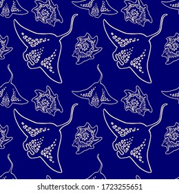 Linear stingray on navy blue backdrop. Seashell seamless pattern for wallpaper, wrap paper, sleeper, bath tile, apparel or bed linen. Phone case or cloth print. Doodle style stock vector illustration