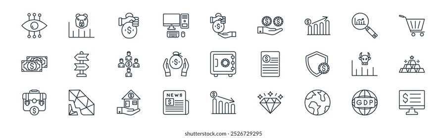 linear stock market icon pack. vector thin line gdp, bear market, money bag, market research, savings, gold bars, loss, bank statement icons suitable for apps and websites ui designs