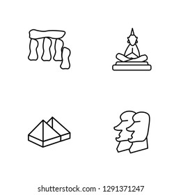 Linear Stonehenge, Pyramid, Buddha, Rapa Nui Vector Illustration Of 4 outline Icons. Editable Pack Of Stonehenge, Pyramid, Buddha, Rapa Nui