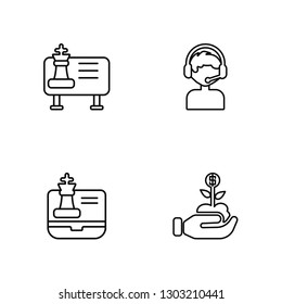 Linear Strategy, Notebook, Customer service, Investment Vector Illustration Of 4 outline Icons. Editable Pack Of Strategy, Notebook, Customer service, Investment