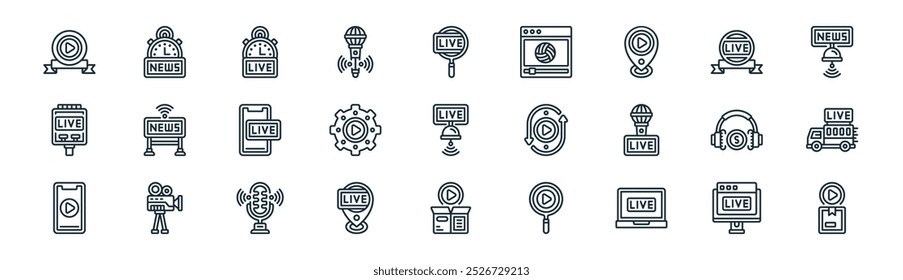 linear streaming icon pack. vector thin line live streaming, news, live, live, maintenance, transport, box, box icons suitable for apps and websites ui designs