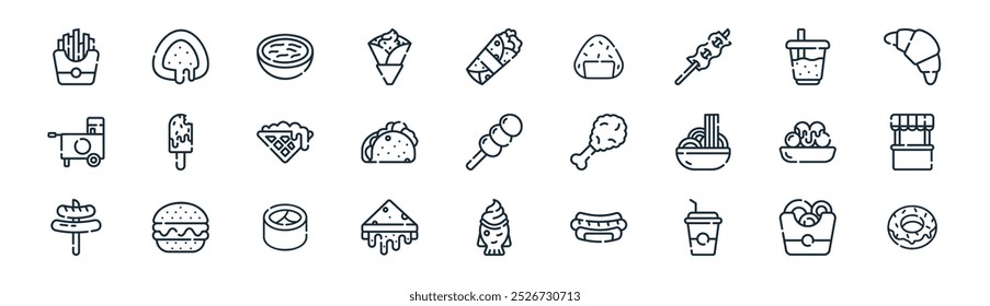 Vector de aros de cebolla de línea delgada, mochi, tteokbokki, té de boba, taco, cabina, taiyaki, donut iconos adecuados para App y Sitios web UI diseños