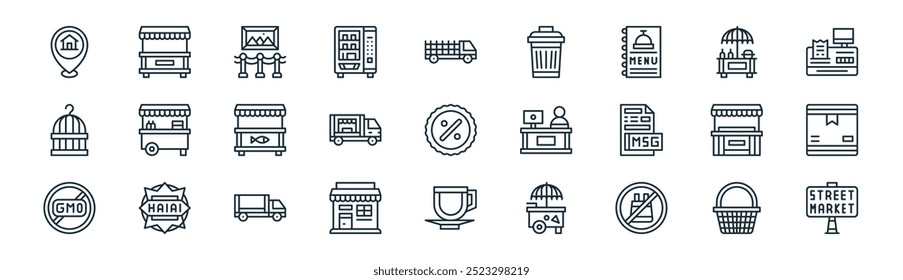 linear street market icon pack. vector thin line basket, booth, exhibition, burger cart, food truck, cardboards, coffee cup,   icons suitable for apps and websites ui designs