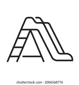 Lineare Straßenrutsche Symbol, Vektorgrafik. Einfarbige Logoausrüstung für den Außenspielplatz mit Treppe für Kinder, die einzeln auf Weiß rutschen oder reiten. Freizeit-Kindergartenwerkzeug für Freizeitaktivitäten