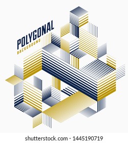 Linear striped abstract vector dimensional 3D background with isolated retro style graphic element with cubes and triangles. Template for poster or banner, cover or ad.