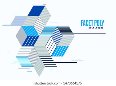 Linear striped abstract vector dimensional 3D background with isolated retro style graphic element with cubes and triangles. Template for poster or banner, cover or ad.