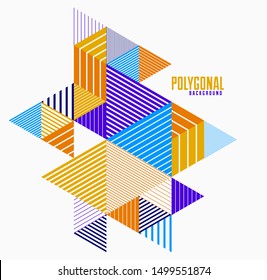 Linear striped abstract vector dimensional 3D background with isolated retro style graphic element with cubes and triangles. Template for poster or banner, cover or ad.